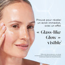 Woman applying skincare product with text about 'Glass-like Glow' effect on a light blue background