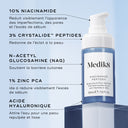 Mediko skincare product with ingredient labels on a blue background