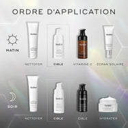 Diagramme de routine de soins AM et PM montrant comment superposer les produits Medik8 : nettoyage, sérum ciblé, vitamine C, crème hydratante et protection solaire.