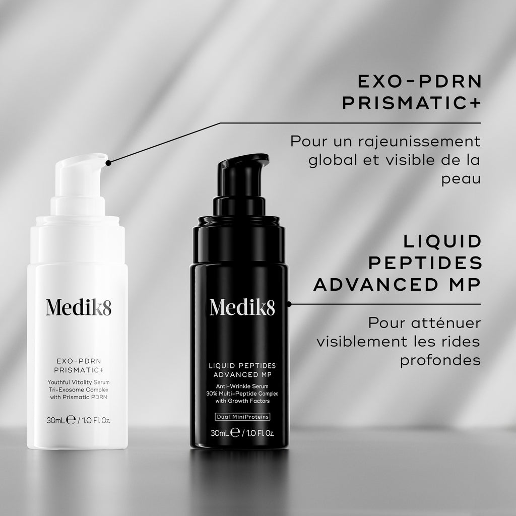 Le sérum Medik8 Exo-PDRN Prismatic+ présenté aux côtés de Liquid Peptides Advanced MP comme un duo de routine pour une réduction avancée des rides profondes.