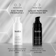 Le sérum Medik8 Exo-PDRN Prismatic+ présenté aux côtés de Liquid Peptides Advanced MP comme un duo de routine pour une réduction avancée des rides profondes.